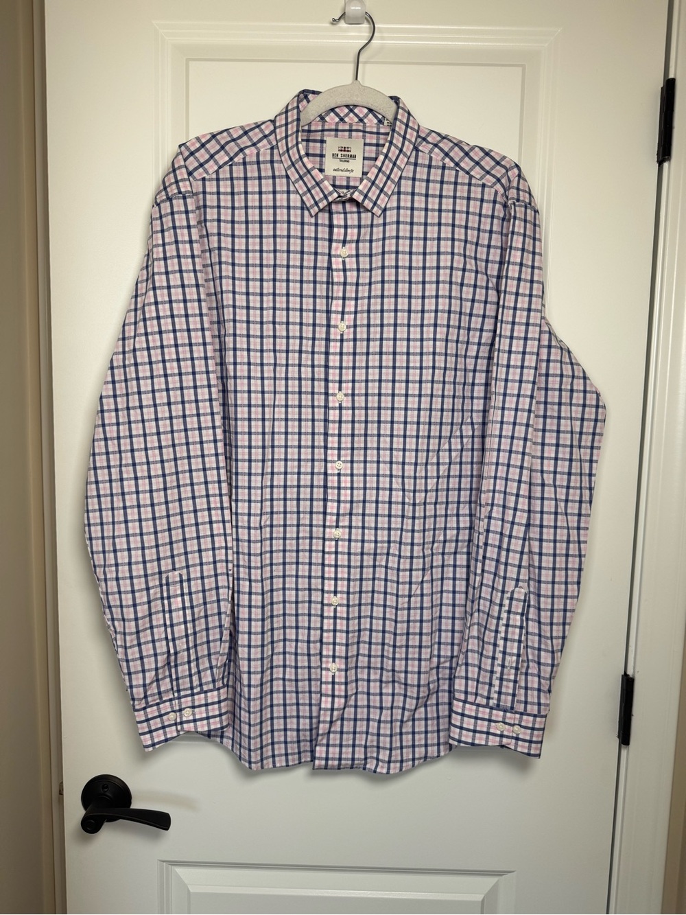 Ben Sherman Pink and Blue Plaid Button-Up Dress Shirt Tailored Slim Fit
